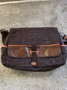Fantastic College Fossil Quilted Brown Laptop Messenger Bag with Orange Trim